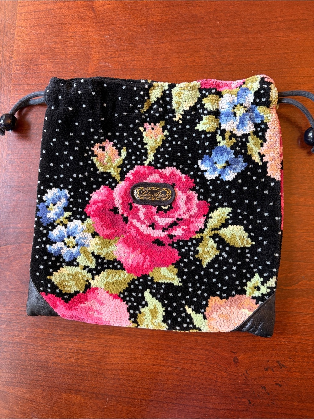 Floral Chenille Drawstring Cosmetic Pouch - Black with Pink Rose